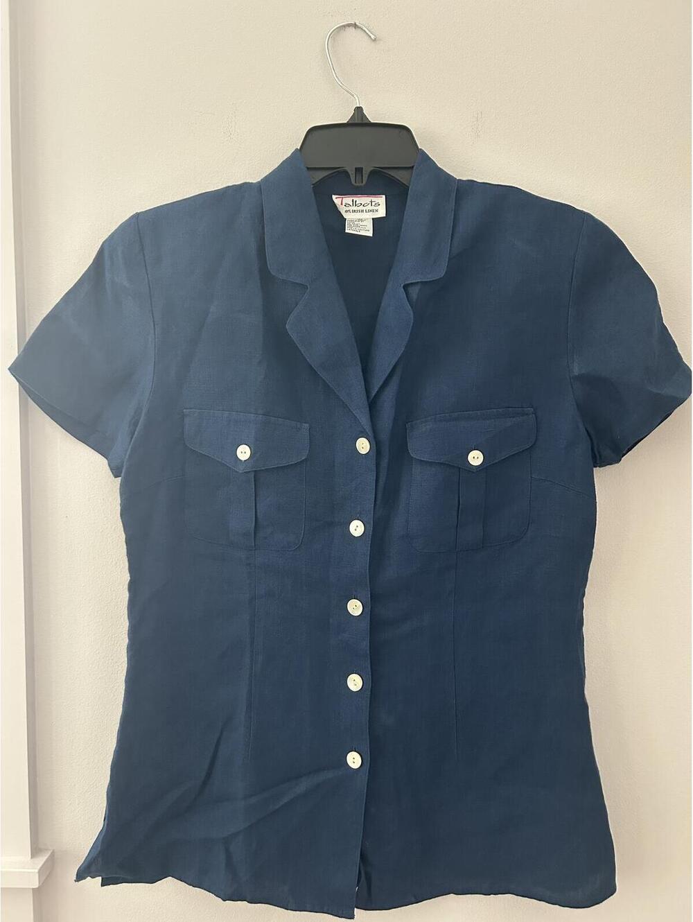 Talbots 100% Irish Linen Navy Blue Blouse Size 10